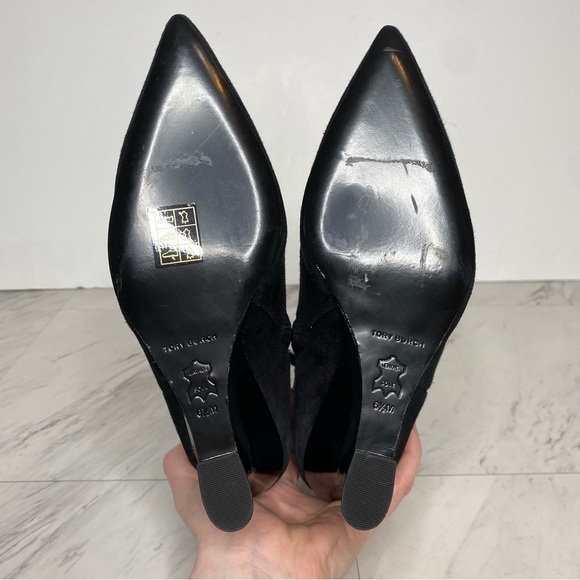 Tory Burch Sculpted Wedge Heel Pointed Toe Black Suede Bootie 6 1/2 M - Picture 13 of 14